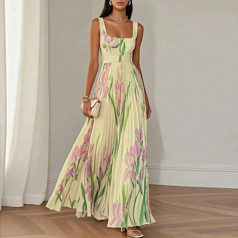 Summer Square Collar Floral Print Fold Dress Womens Sexy High Waist Sling Long Dresses Summer Off Shoulder Hollow Boho Dresses