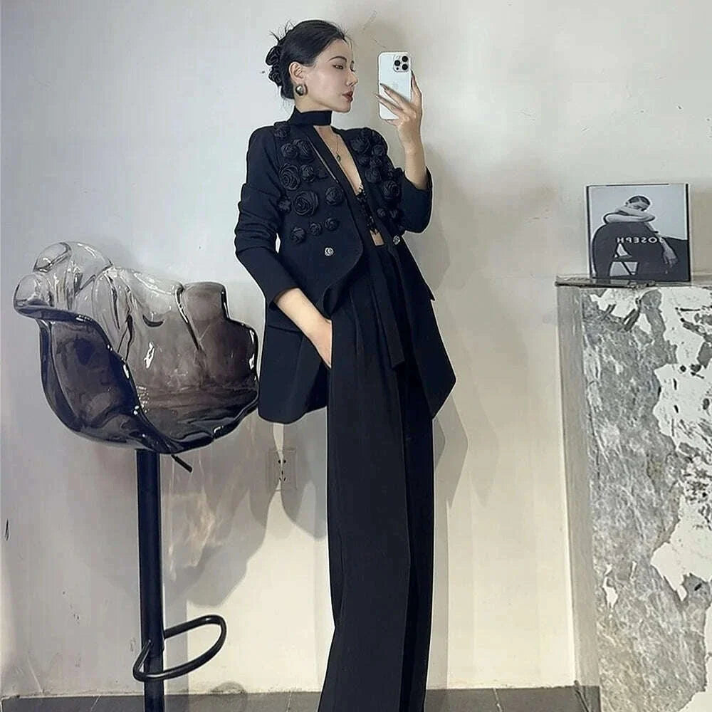 TWOTWINSTYLE Solid Two Piece Set For Women Lapel Long Sleeve Spliced Appliques Coat High Waist Wide Leg Pant Chic Sets Female