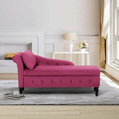 Velvet Chaise Lounge with Left Armrest & Storage Space,Button Tufted Lounge Chair w/Lumbar Pillow,Modern Upholstered Lounge Chai