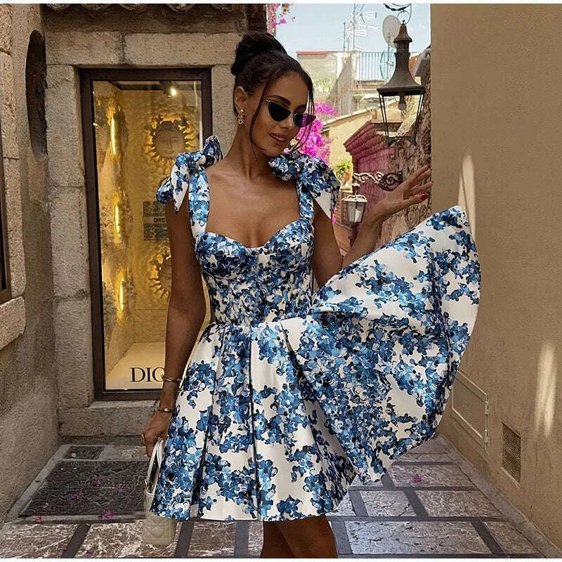 Vintage Blue Print Bow Lace-up Sling Dress For Women High Waist Pleated A-line Mini Dresses Summer New Vocation Lady Vestidos