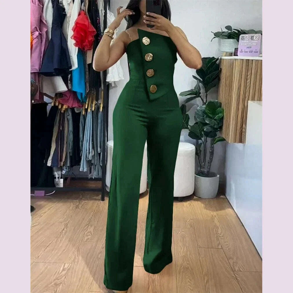 Women's Elegant Sexy Button Sleeveless Strapless Irregular Jumpsuits 2025 Wide Leg Outfits Night Club Streetwear One Piece