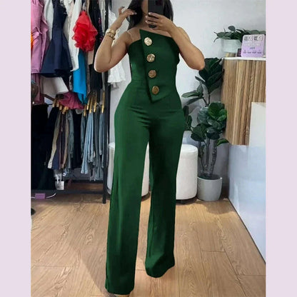 Women's Elegant Sexy Button Sleeveless Strapless Irregular Jumpsuits 2025 Wide Leg Outfits Night Club Streetwear One Piece