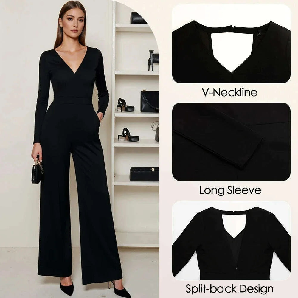Mia Muse Women's Jumpsuits All Season French Elegant Solid Color Waist In Design  Long Sleeve Plunge Neck Wide Leg Suitable for