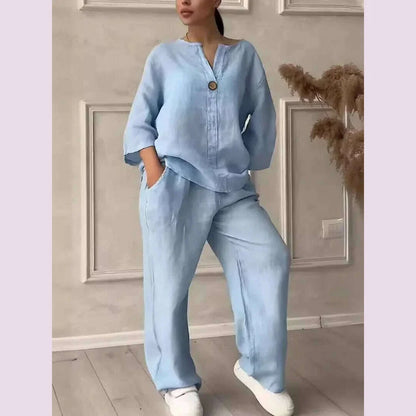 Casual Solid Color Pullover Long Pants 2-piece Set Women's Cotton and Linen Pants Suit White Pink