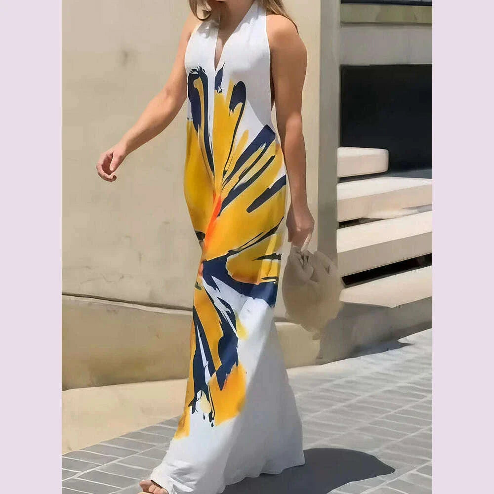 Printed Patchwork Loose Holiday Party Dress, Women Summer Fashion Sleeveless Chic Maxi Dress, 2025 Backless Elegant Ladies Dress