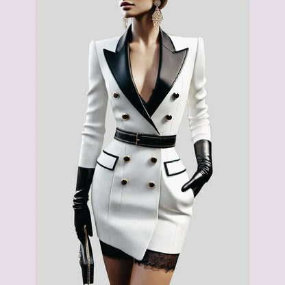 Womens Elegant Double Breasted Peak Lapel Mini Blazer Dress with Belt Tailored Slim Fit Formal Evening Office Wear Chic Stylish
