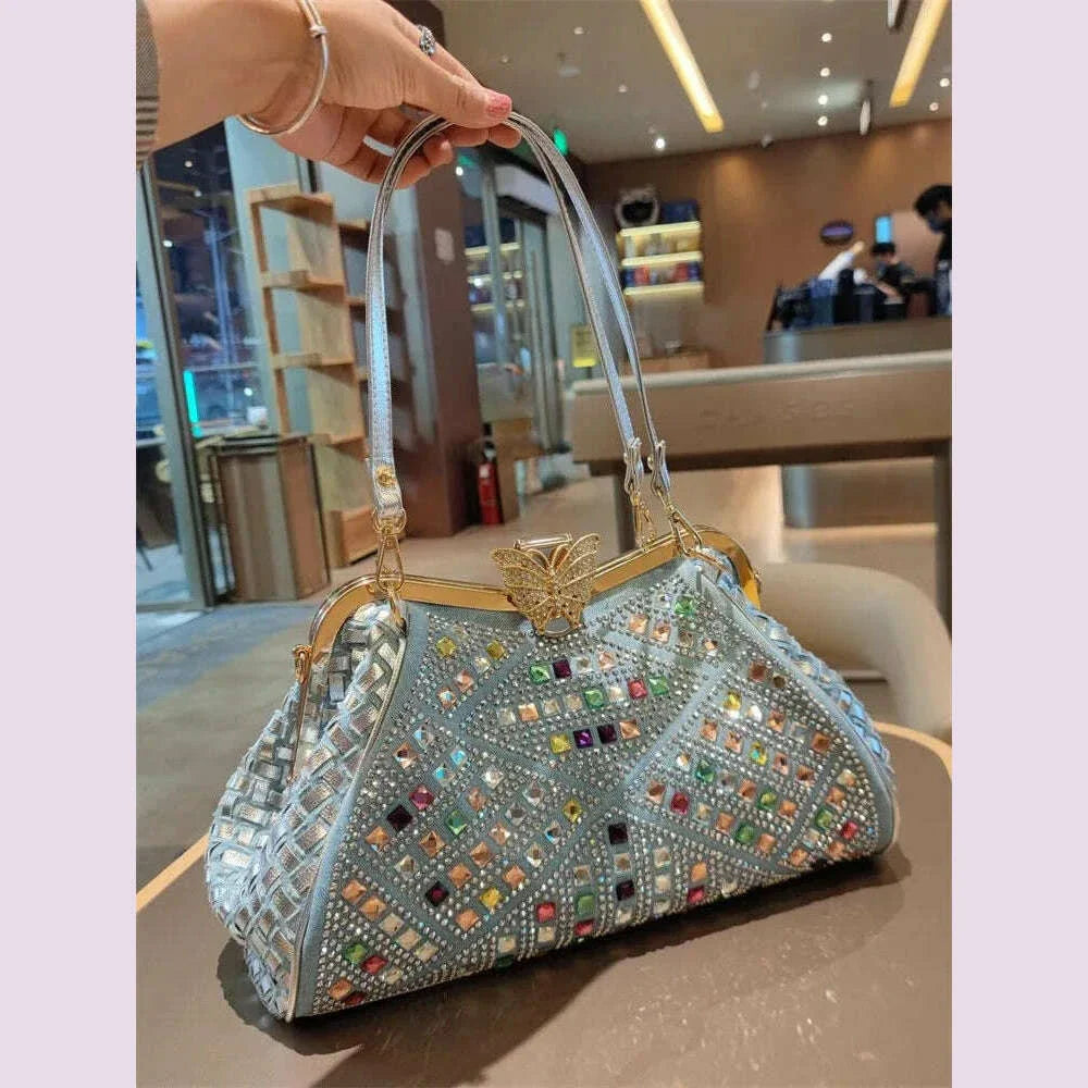 Spring and summer new metal frame color rhinestone butterfly crystal handbag banquet dress one-shoulder cross-body women's bag