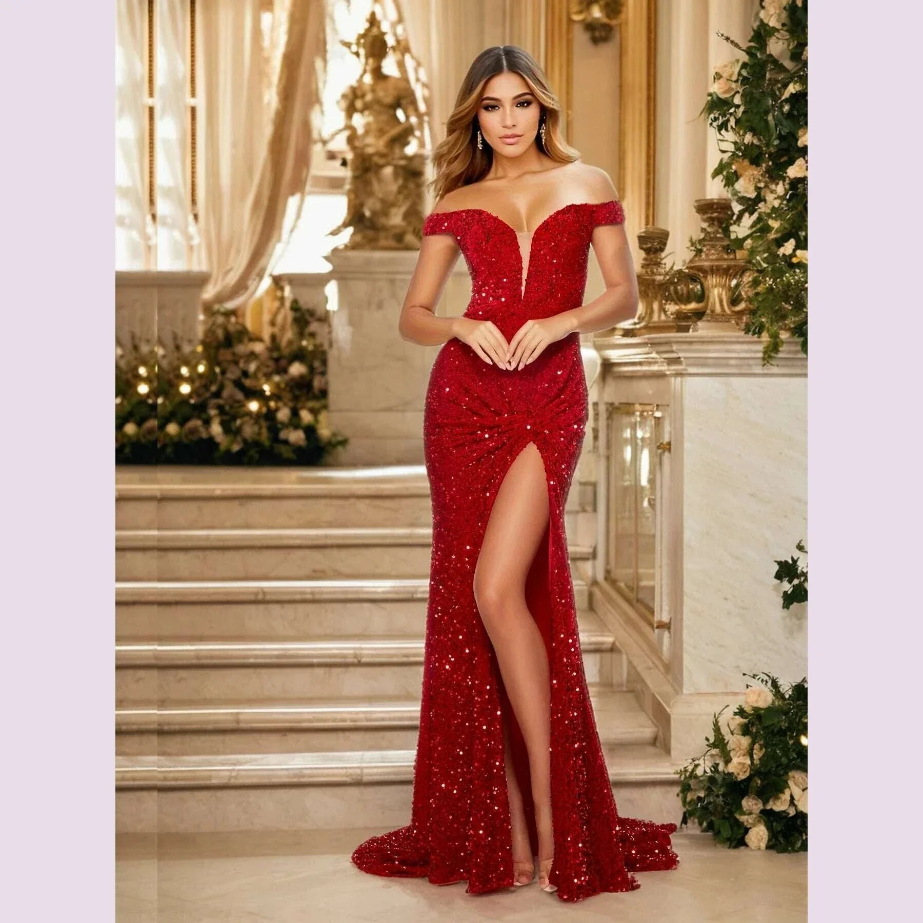 Elegant Sleeveless Slash Neck Evening Slit Women Dress Sequin Backless Off Shoulder Bodycon Home Party Dresses Floor Length