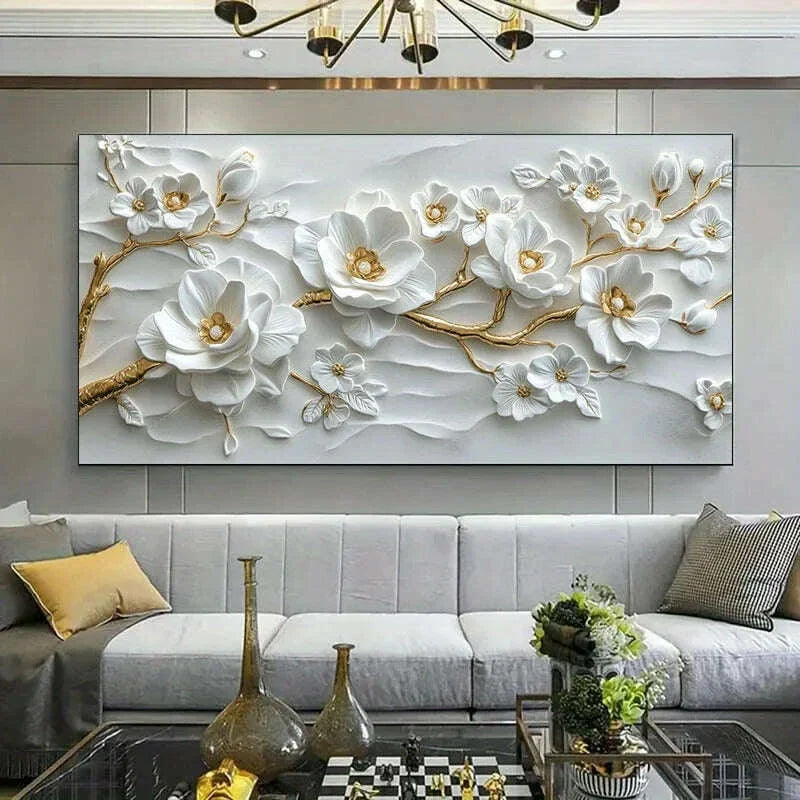 Modern Golden white flowers Canvas Painting Art For Living Room Modern Canvas Poster for Bedroom and Living Room Decoration