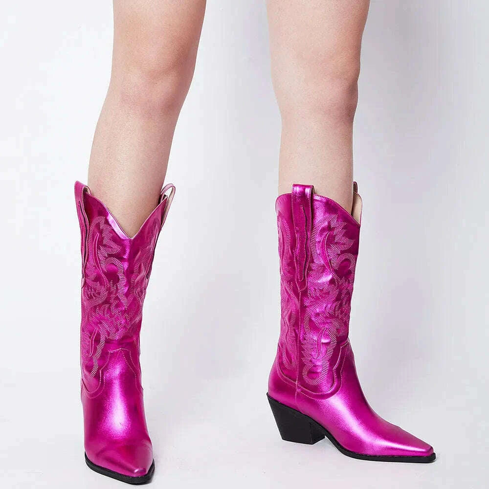 GIGIFOX Embroidered Women Mid-Calf Western Boots Block High Heel Pointed Toe Pull-On Shoes All-Match StreetSnap Cowgirl  Boots