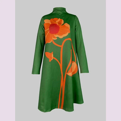 Gymystars Flower Print Midi Dresses Urban Long Sleeves Dress for Women Casual Loose A-Line Zipper High Neck Green Party Dresses