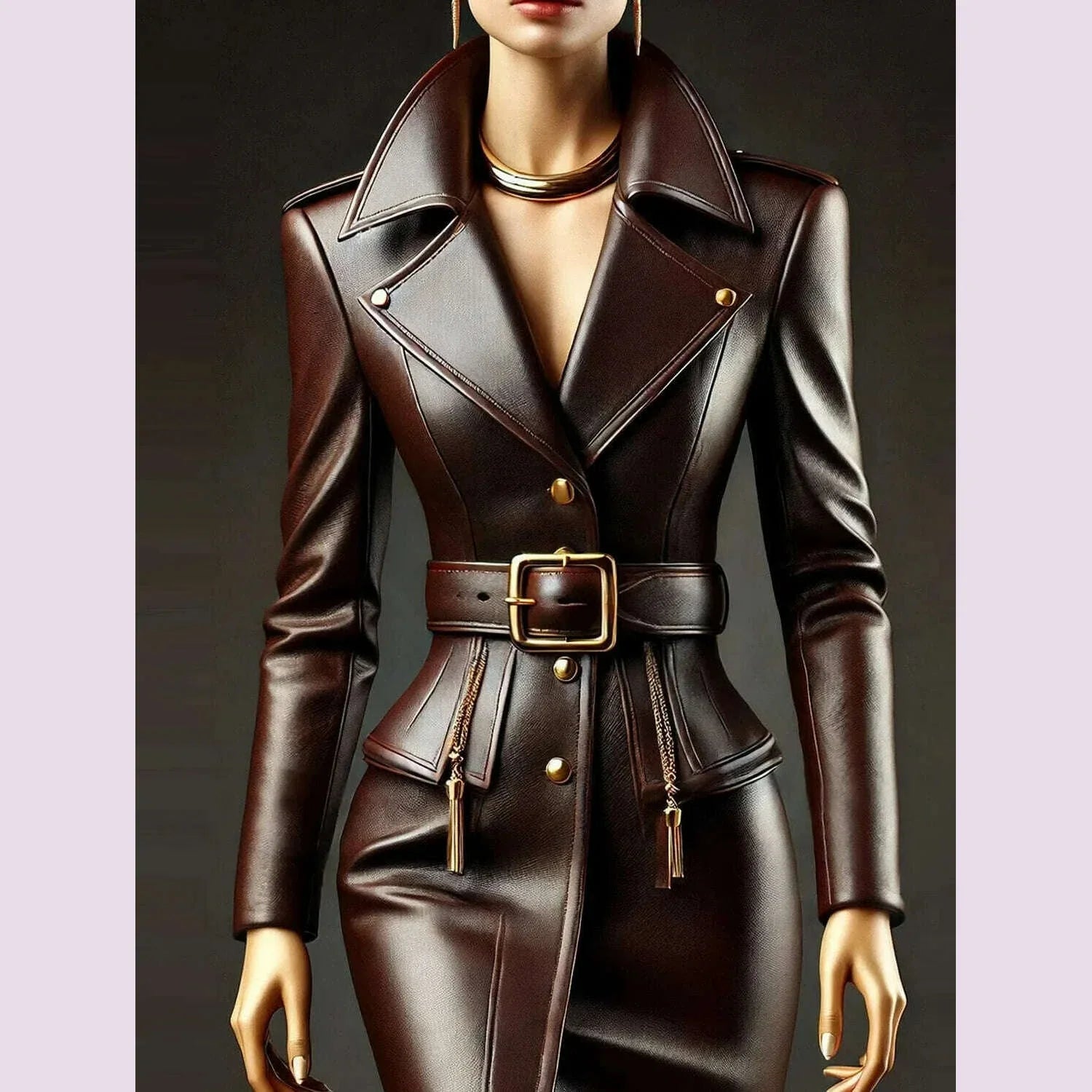 Women PU Leather Dress Lapel Collor Button Long Sleeve with Belt Chic Vintage Pockets Slim Elegant Office Lady Mini Dresses