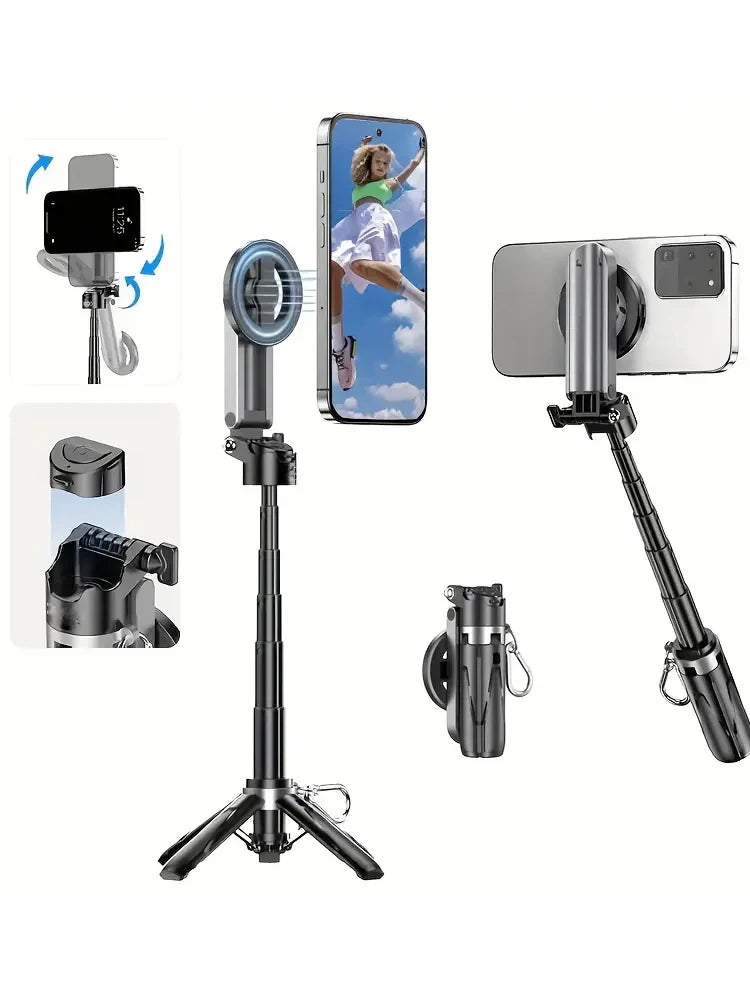 4-in-1 Multi-function Selfie Stick with Wireless Remote Control | Magnetic, Cell Phone Clip Dual Combination, 360° Rotation