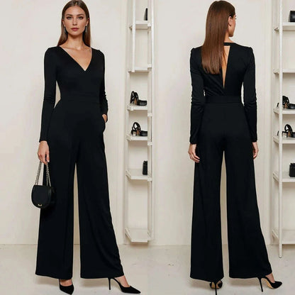 Mia Muse Women's Jumpsuits All Season French Elegant Solid Color Waist In Design  Long Sleeve Plunge Neck Wide Leg Suitable for