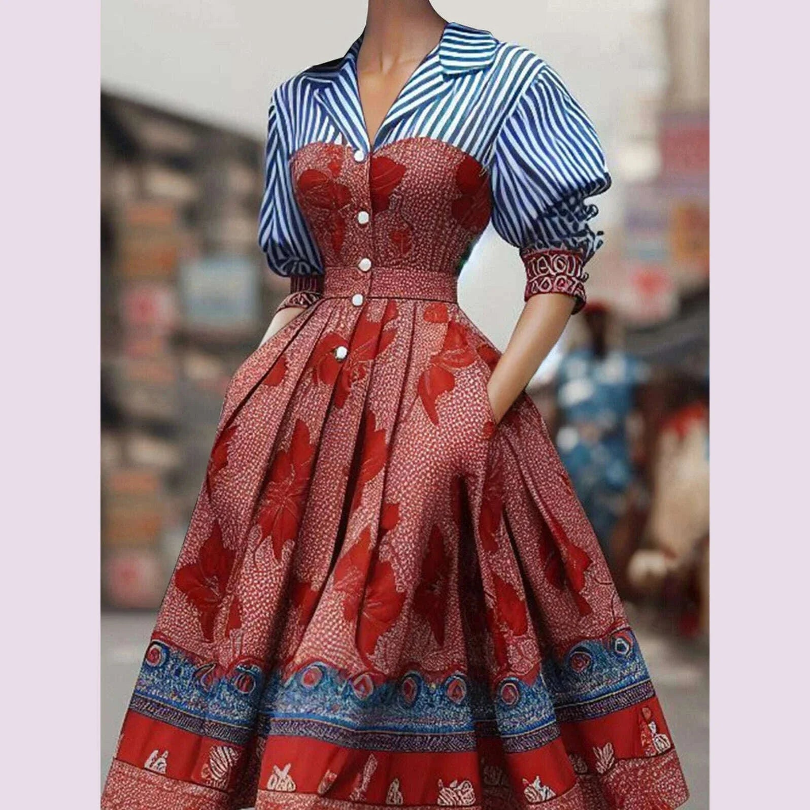Elegant Women's Dress Striped Floral Patchwork Turndown Collar Shirt Mid-Length Waisted Evening Party Dress Women's Midi Dress