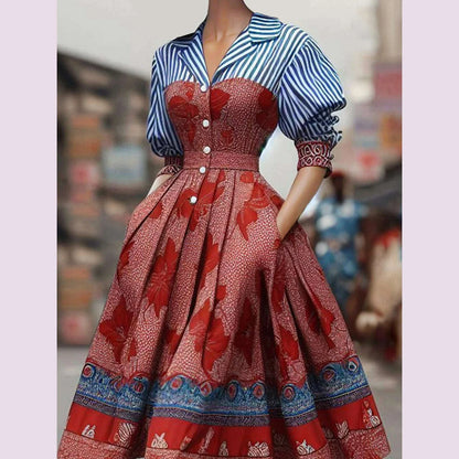 Elegant Women's Dress Striped Floral Patchwork Turndown Collar Shirt Mid-Length Waisted Evening Party Dress Women's Midi Dress