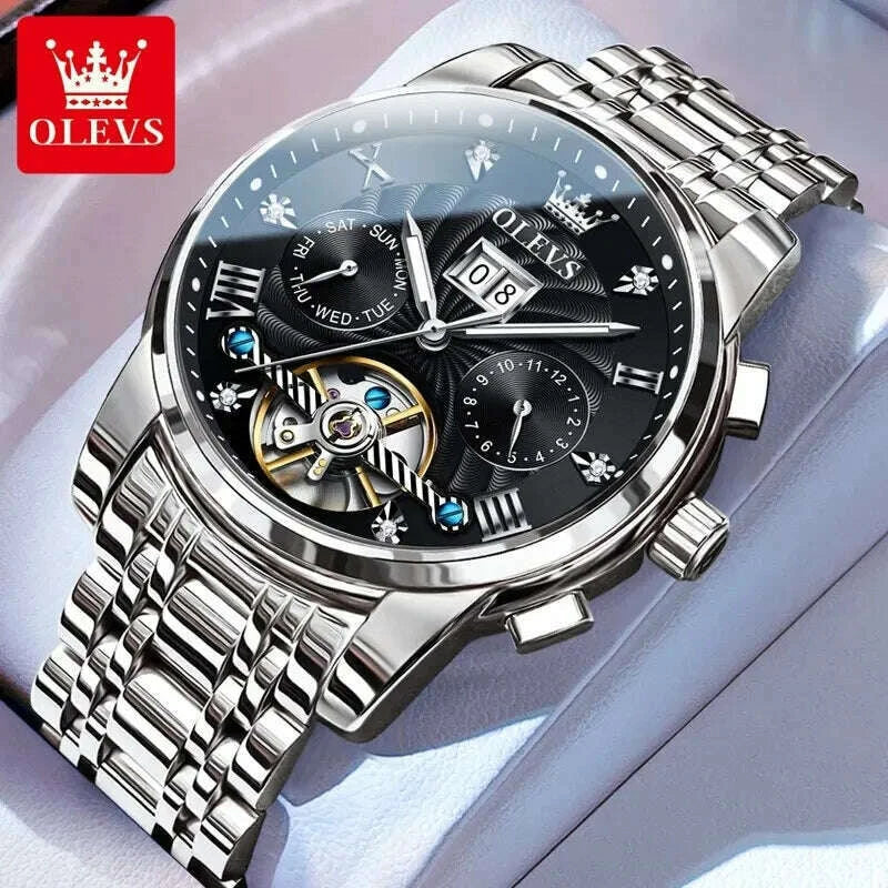 OLEVS 9910 Tourbillon Automatic Watch for Men Luxury Skeleton Men's Mechanical Wristwatch Stainless Steel Top Original Man Watch