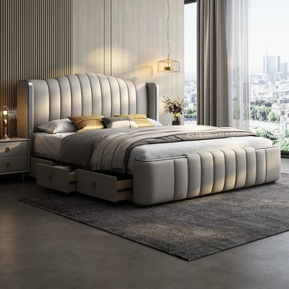 Design Simple Italian Type Bed Cowhide Luxurious Standing Sleeping Bed Double Wedding Camas De Matrimonio Dormitorio Furnitures