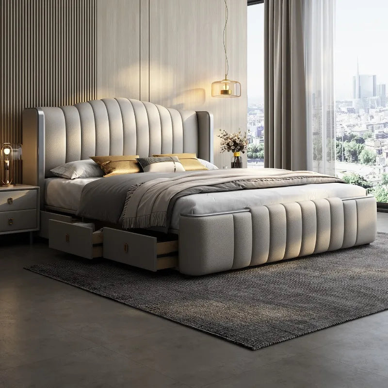 Design Simple Italian Type Bed Cowhide Luxurious Standing Sleeping Bed Double Wedding Camas De Matrimonio Dormitorio Furnitures