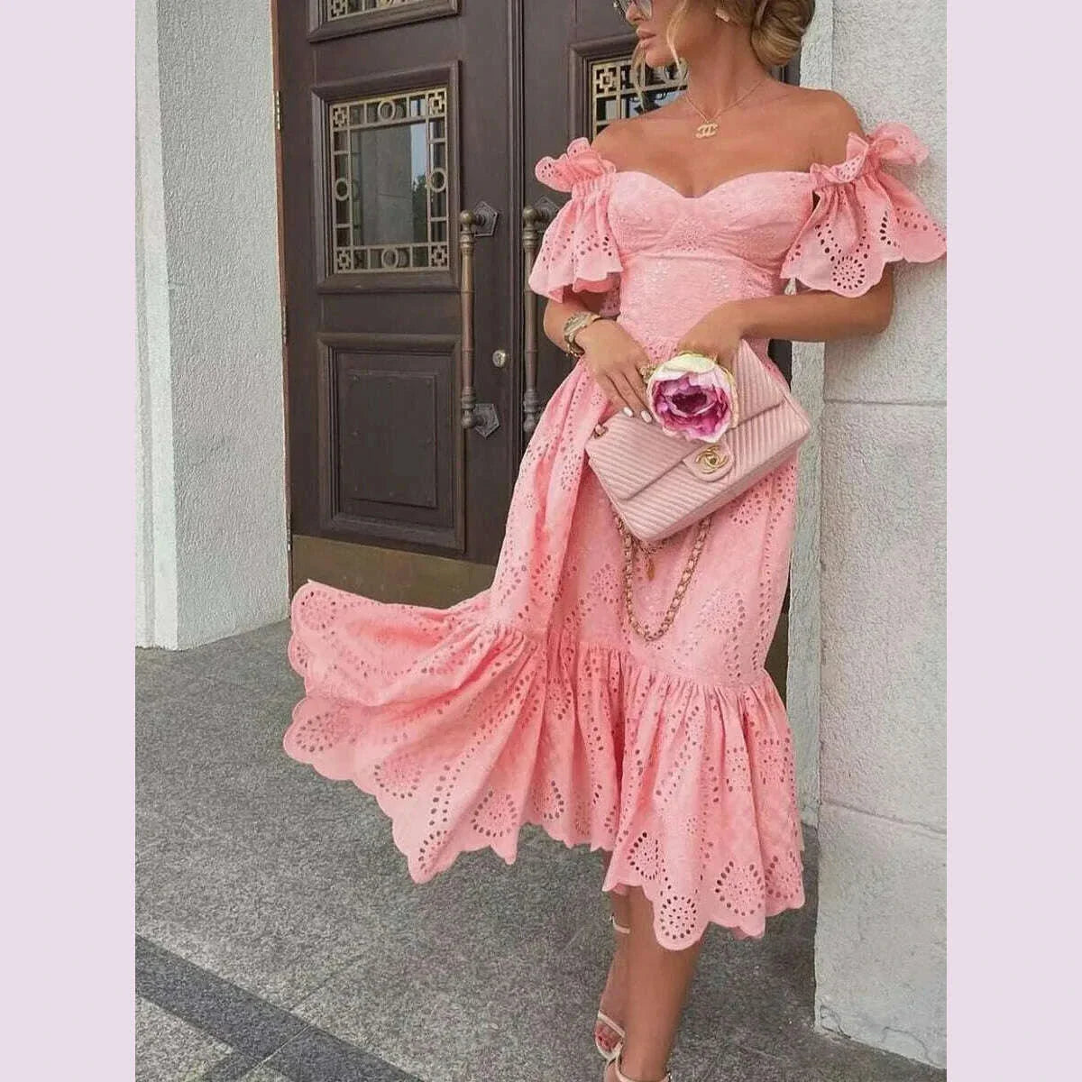 Dress Women Off Shoulder Mid Length Dresses Solid Dot Sexy Splice Tight High Waist V Neck A Line Elegant Slim Fit Vestidos