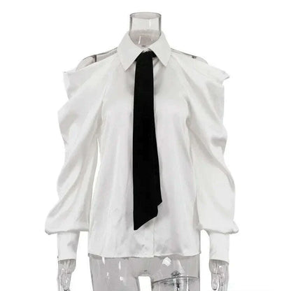 TWOTWINSTYLE Solid Loose Spliced Hollow Out Blouse for Women Lapel Long Sleeve Patchwork Single Breasted Top Female Clothing New