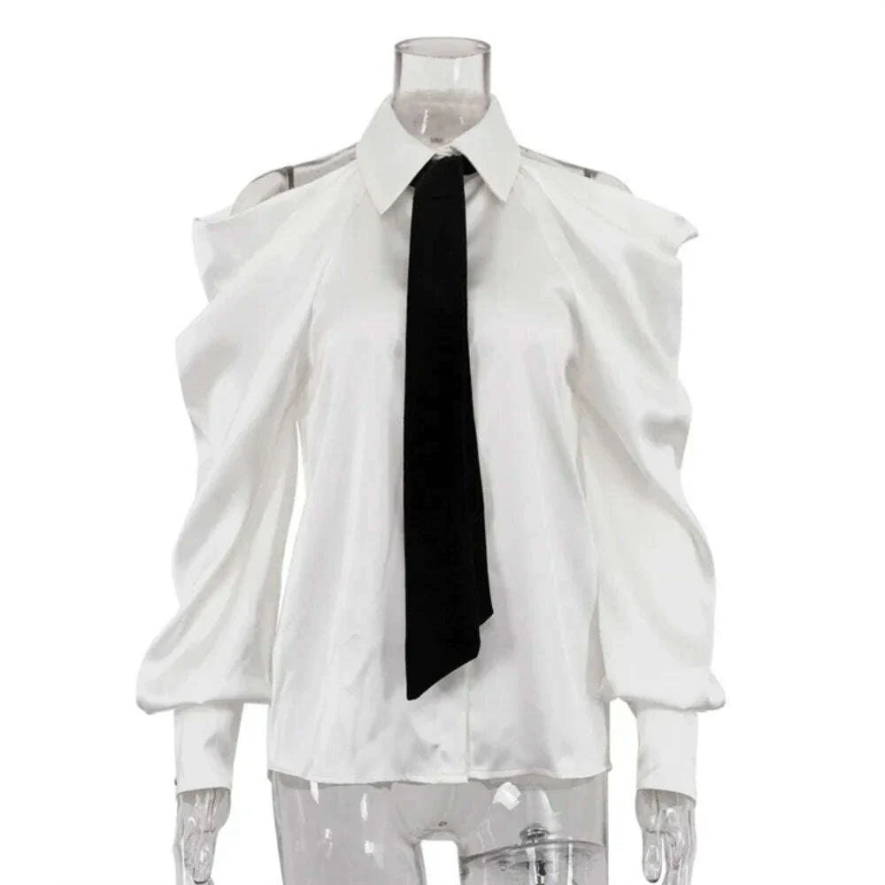 TWOTWINSTYLE Solid Loose Spliced Hollow Out Blouse for Women Lapel Long Sleeve Patchwork Single Breasted Top Female Clothing New