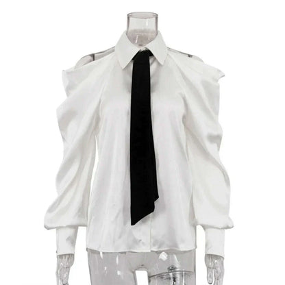 TWOTWINSTYLE Solid Loose Spliced Hollow Out Blouse for Women Lapel Long Sleeve Patchwork Single Breasted Top Female Clothing New
