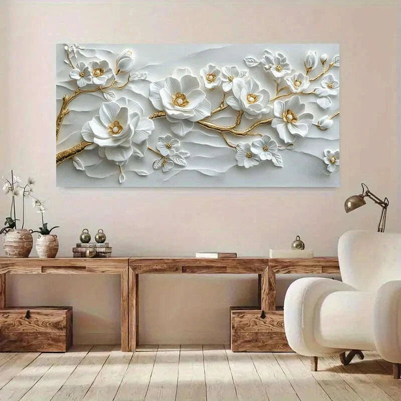 Modern Golden white flowers Canvas Painting Art For Living Room Modern Canvas Poster for Bedroom and Living Room Decoration