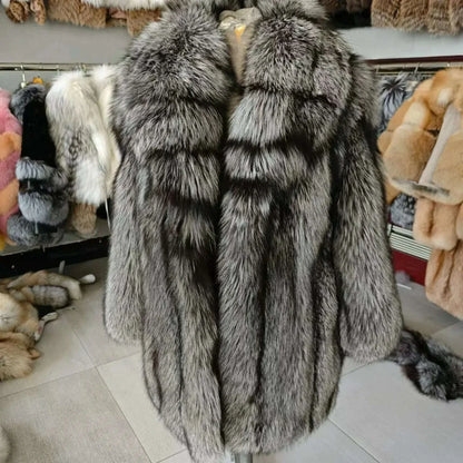 Women's Luxury Long Fox Fur Coat Real Fox Fur Jacket Winter Outerwear Silver Fox Fur Coat