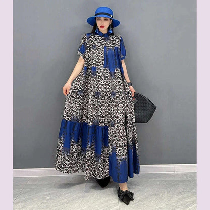 Korean Style Painted Short-Sleeve Casual Loose Big Size Yellow Red Blue Leopard Long Dress Summer Boho Print Dress Robe JJXD071