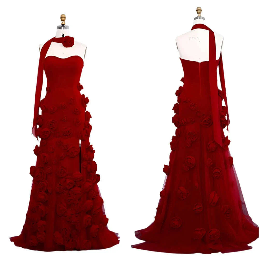 RFYR Pink Mermaid Charming Prom Dress 3D Flower Formal Gown Sleevesless Evening Gown with Side Slit vestidos de noche Customized
