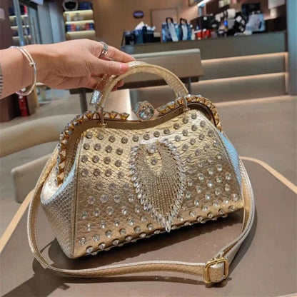 Spring rivet crystal horizontal large-capacity metal buckle handbag banquet dress versatile one-shoulder cross-body women's bag