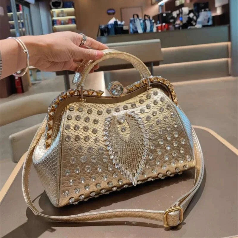 Spring rivet crystal horizontal large-capacity metal buckle handbag banquet dress versatile one-shoulder cross-body women's bag