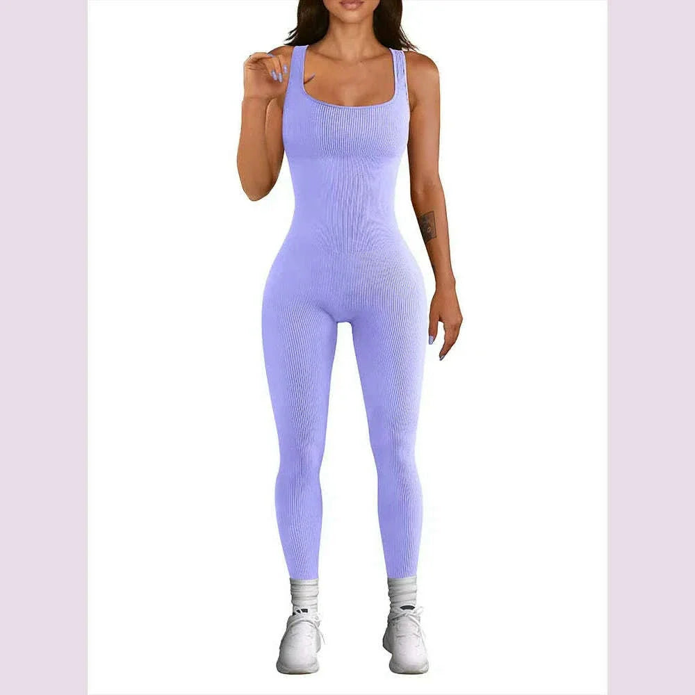 Women's Sleeveless Yoga Jumpsuit Exercise Ribbed Square Neck Vest High Waist  Fitness Sports One-piece Yoga Suit