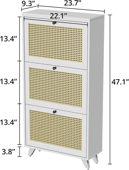 A Adjustable Shelves Slim Natural Rattan Wood Freestanding Shoe Rack Storage Organizer Shoe Cabinet
