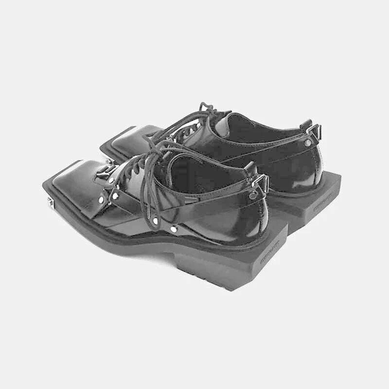 Women Shoes Spring Autumn New Metal Head Decorate Leather Loafers Women Bite Thick-soled Non-slip Square Head Wedge Men Shoes 44