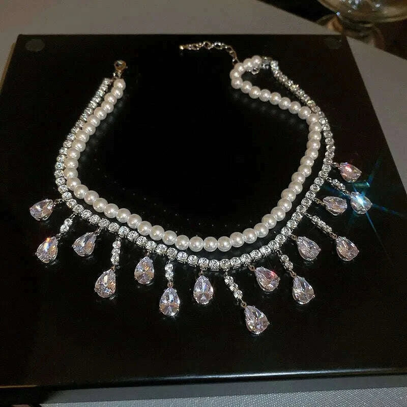 Luxury Rhinestone Crystal Chokers Necklaces For Women Multilayer Imitation Pearl Chain Necklace For Party Wedding Jewelry