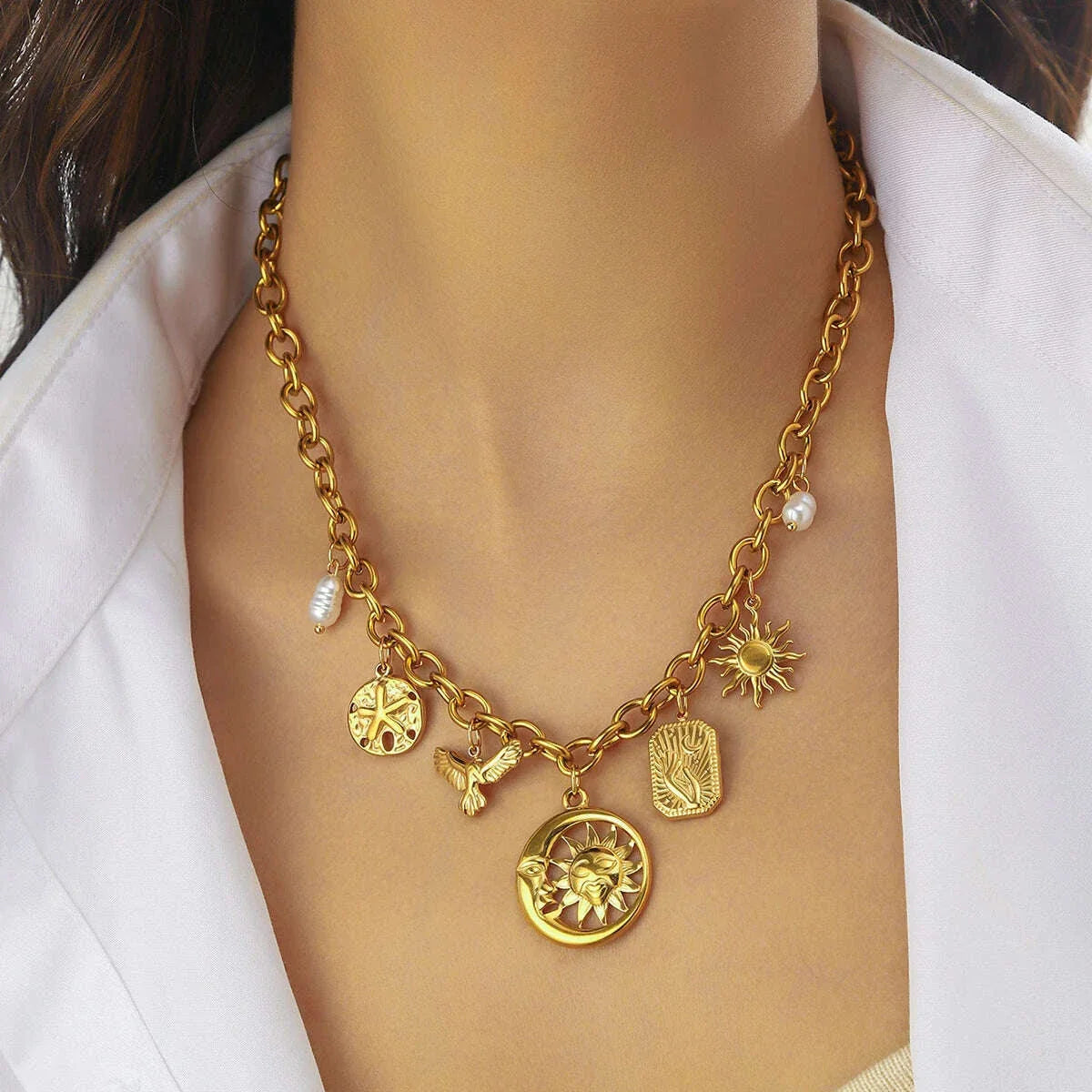 DIEYURO 316L Stainless Steel Pearl Golden Sun Moon Round Pendant Necklace For Women New Trend Fashion Neck Chain Jewelry Gift