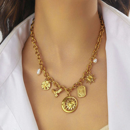 DIEYURO 316L Stainless Steel Pearl Golden Sun Moon Round Pendant Necklace For Women New Trend Fashion Neck Chain Jewelry Gift