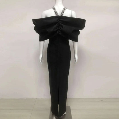 Women Sexy Off Shoulder Ruched Black Maxi Long Diamonds Celebrity Bodycon Bandage Dress 2025 Elegant Evening Club Party Dress