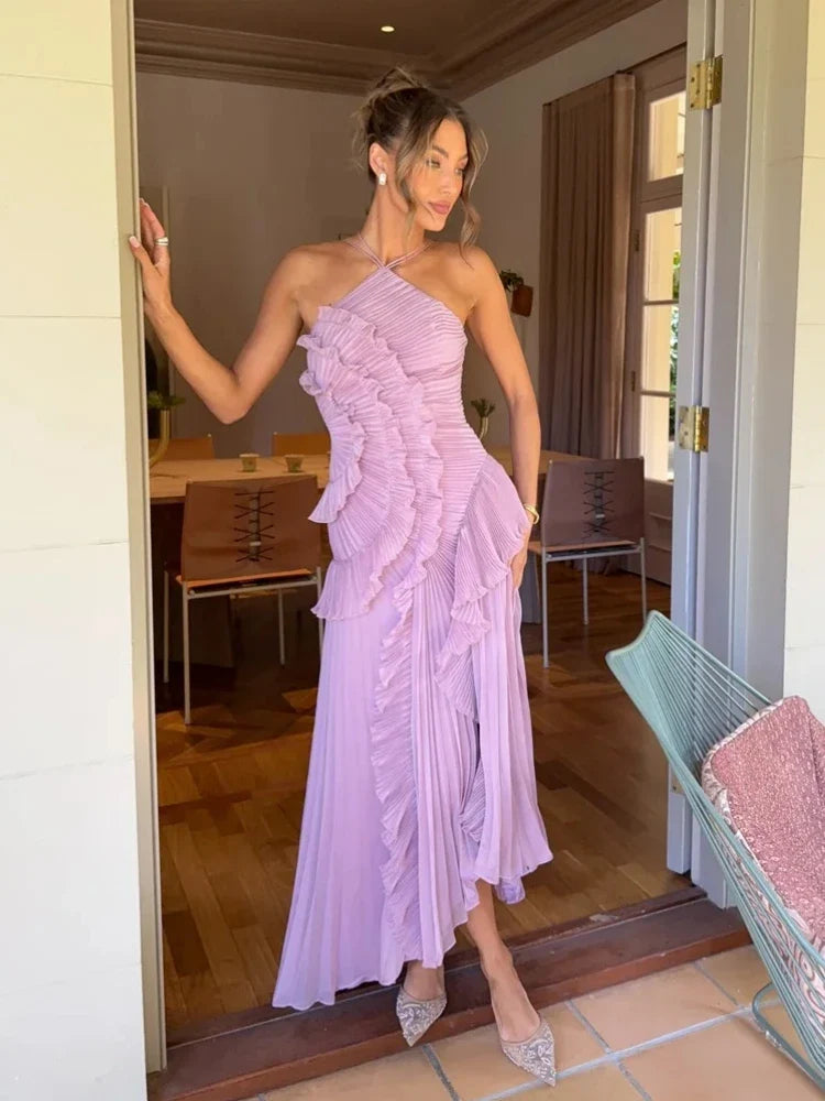 Fashoin Pleated Patchwork Sleeveless Summer Dress Women Elegant Halter Backless Split Maxi Dress Ladies Party Evening Dress 2025