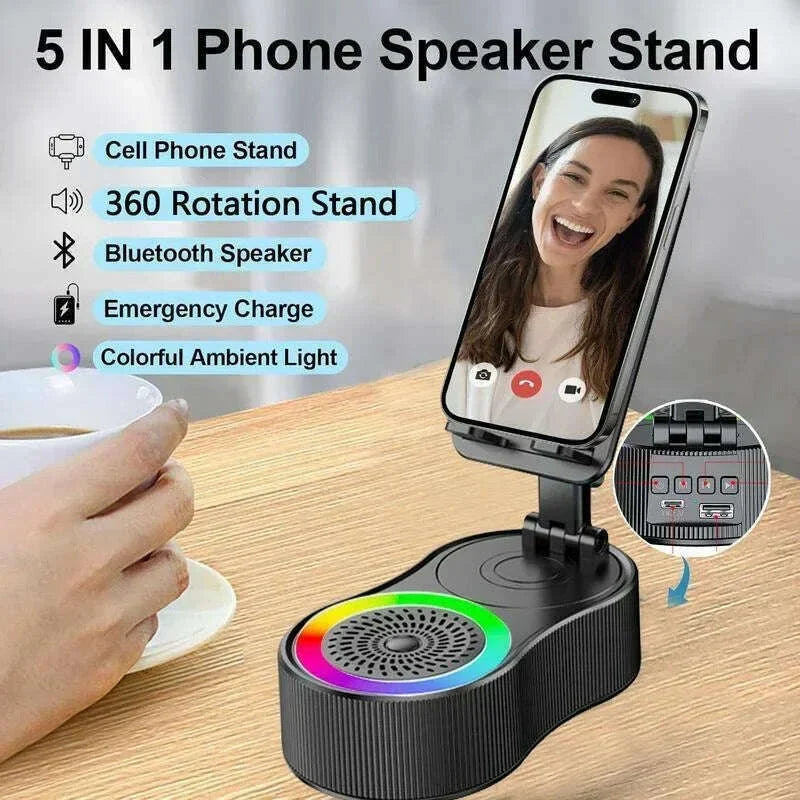 Wireless Speaker with Colorful Ambient Light 360°rotatable Adjustable FoldingLift-non-slip Phone Holder 5.3 HDSurround Subwoofer