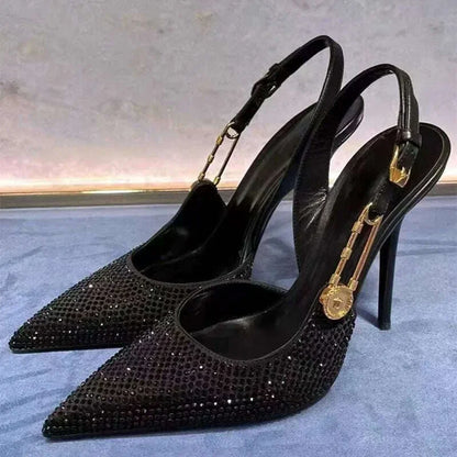 Spring Summer Fashion Shoes Luxury Rhinestones Sequined Buckle Women Pumps Elegant Pointed toe Slingbacks Stiletto High heels
