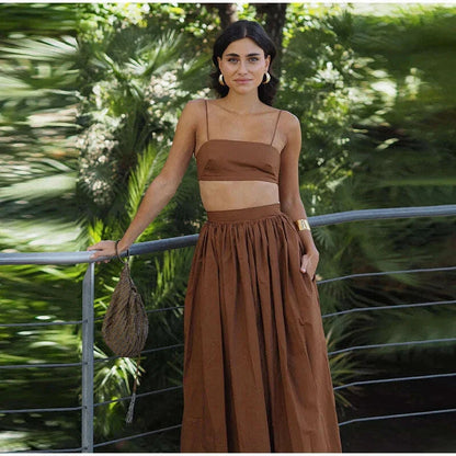 Women Tube Top Skirt Set Sexy Off Shoulder Suspenders Blouse Loose Elastic Waist Skirts Female Suits 2025 Summer Lady Outwear