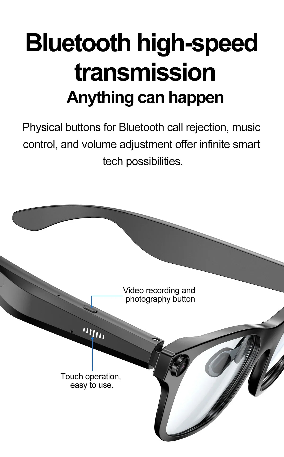 New AI Smart Glasses JL7018F Chip BT V5.4 WiFi 500W Pixel Video 1080P 2pin Magnetic Charging 220mAh Voice Call Video Recording