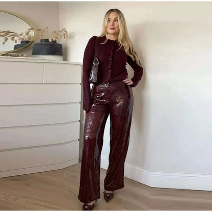 Street Sequin Pants Women Loose High Waist Wide Legs Shiny Trousers Female 2025 Spring Fashion Straight Chic Streetwears Lady