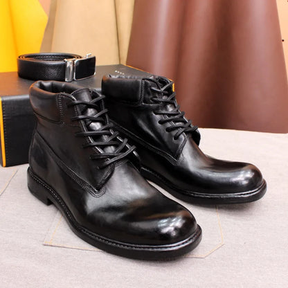 Men's British Style Ankle Boots Soft Handmade Genuine Leather Sole Windproof Comfortable Lace-up Winter Motorcycle Shoes