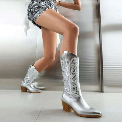GIGIFOX Embroidered Women Mid-Calf Western Boots Block High Heel Pointed Toe Pull-On Shoes All-Match StreetSnap Cowgirl  Boots