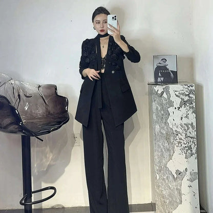 TWOTWINSTYLE Solid Two Piece Set For Women Lapel Long Sleeve Spliced Appliques Coat High Waist Wide Leg Pant Chic Sets Female