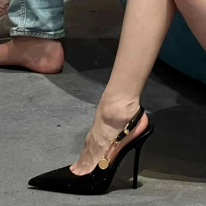 Spring Summer Fashion Shoes Luxury Rhinestones Sequined Buckle Women Pumps Elegant Pointed toe Slingbacks Stiletto High heels